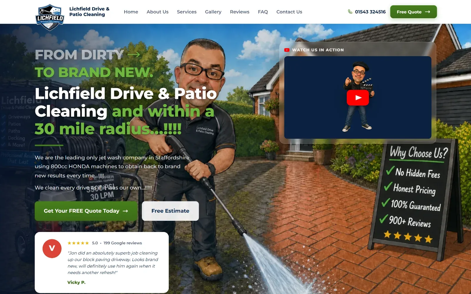 Home page with an illustrated Jon pressure washing a driveway, half dirty and half clean