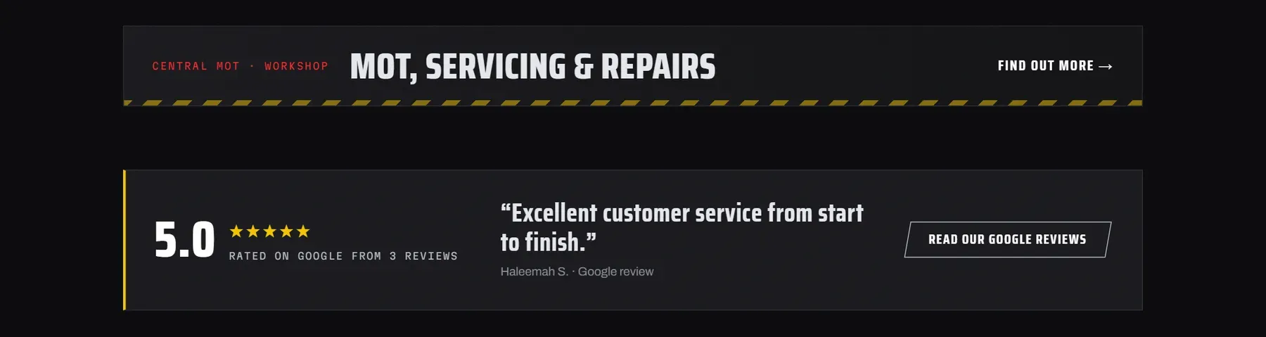 Google reviews strip and Central MOT banner