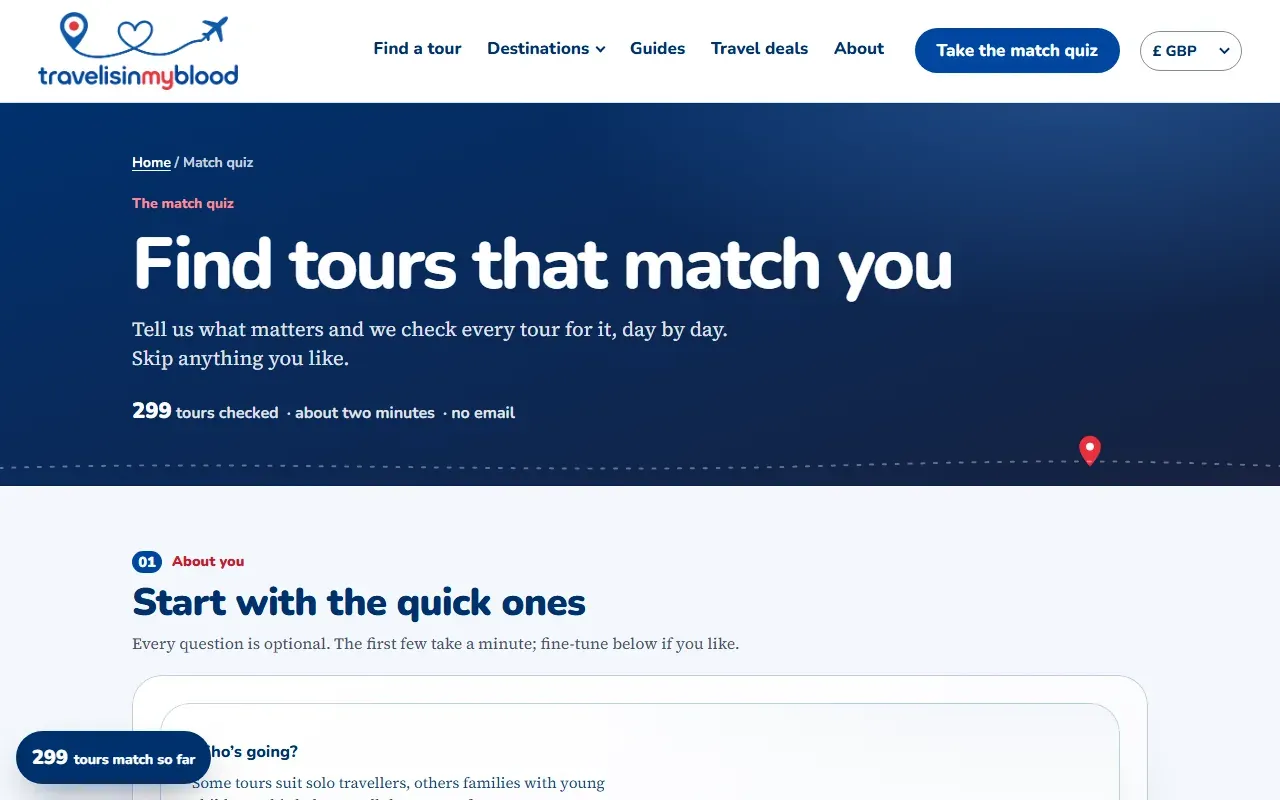 Match quiz showing 299 tours match so far