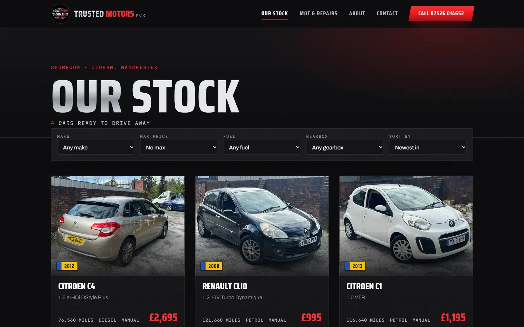 The stock page with filters