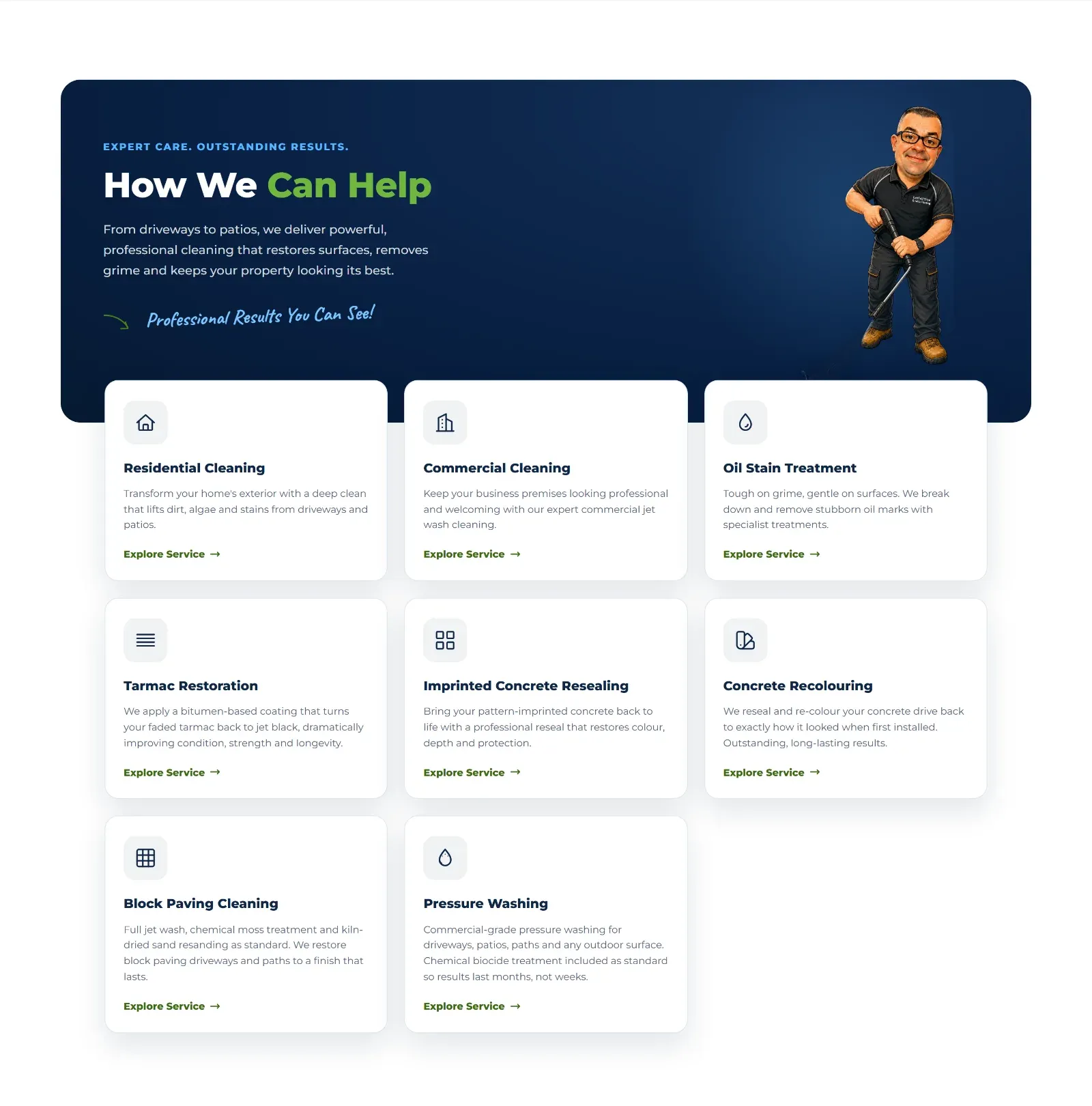 The services section with a navy intro panel, an illustrated Jon and eight service cards