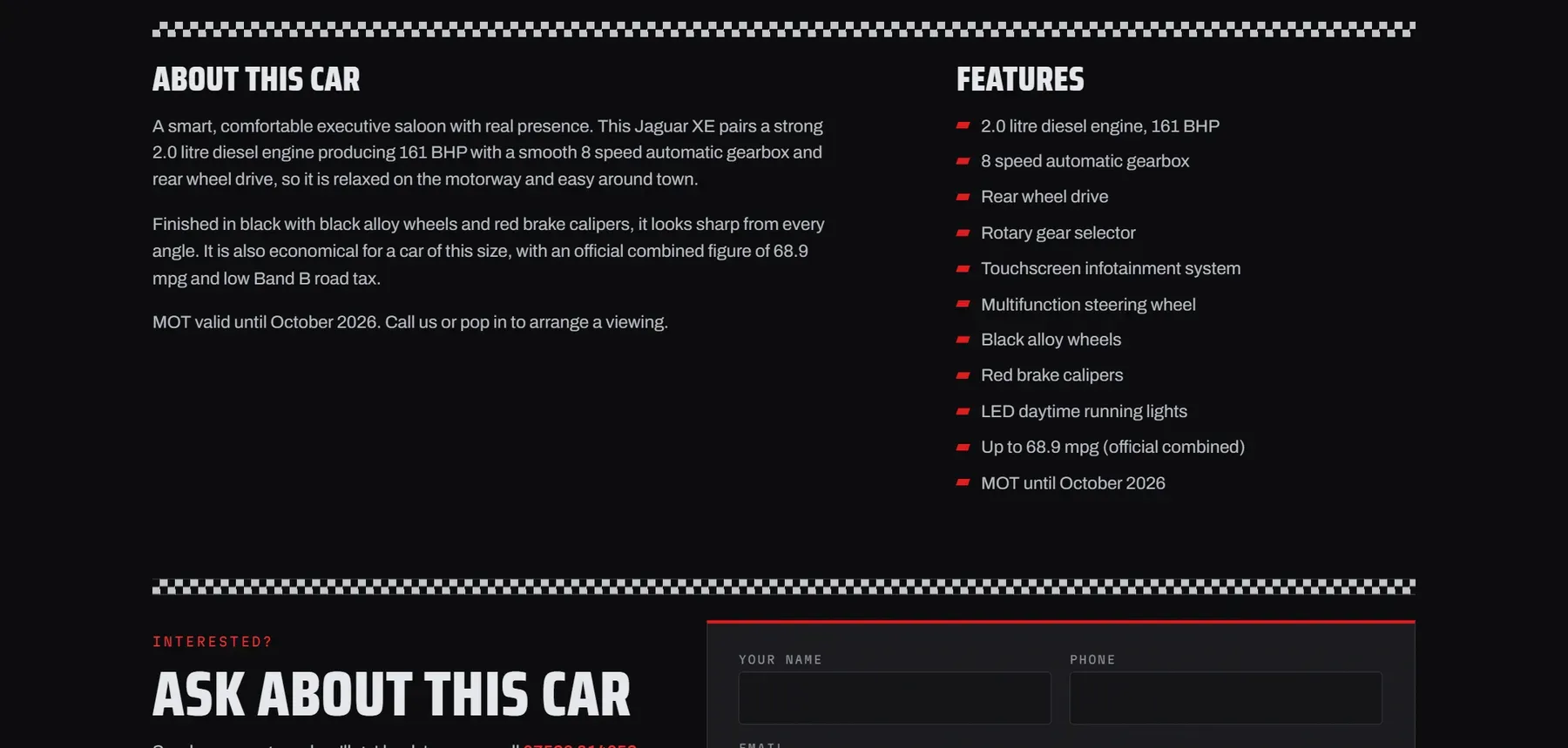 Car description, features and enquiry form