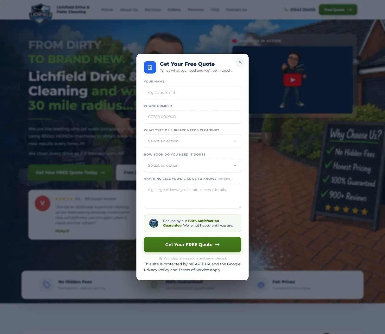 The quote popup on desktop, with five short fields and a satisfaction guarantee seal