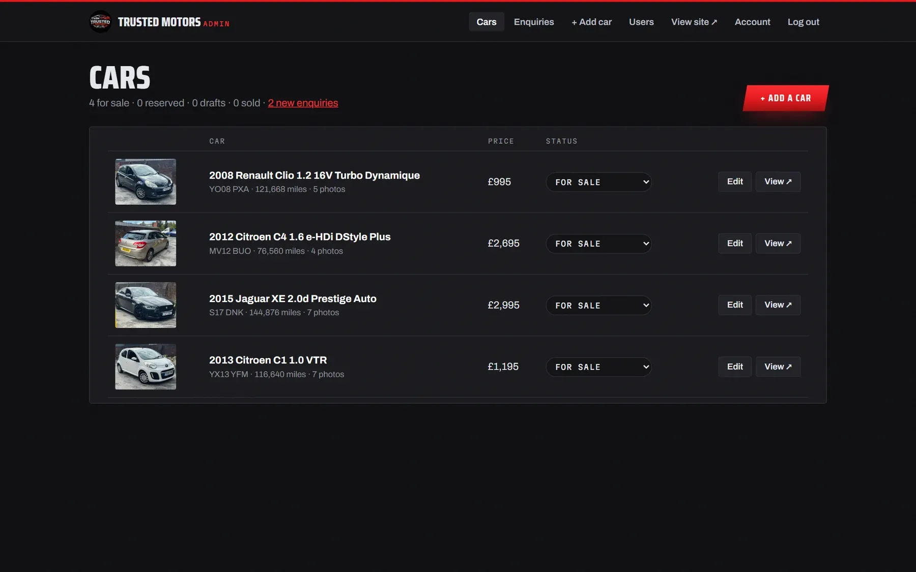 The admin cars dashboard