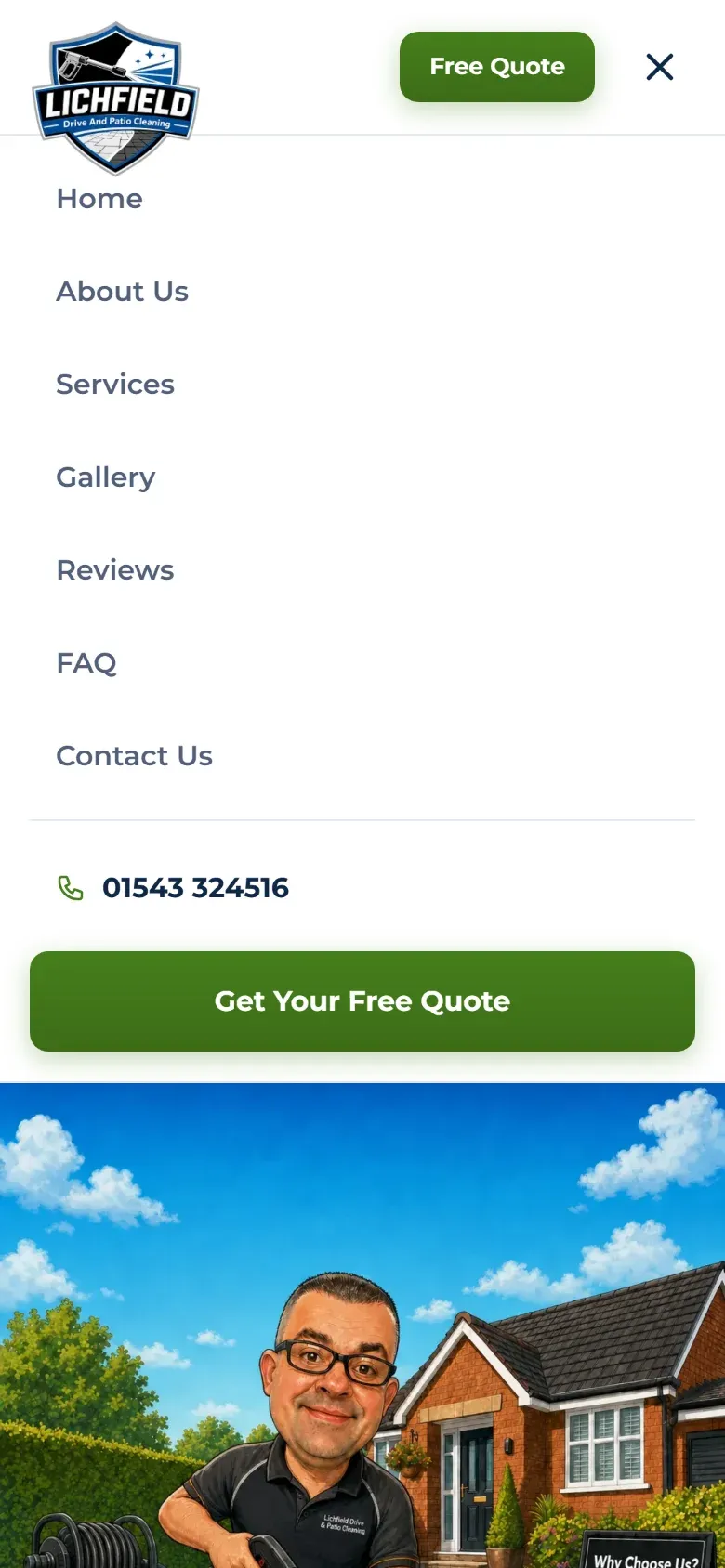 The phone menu open, ending in a big green quote button