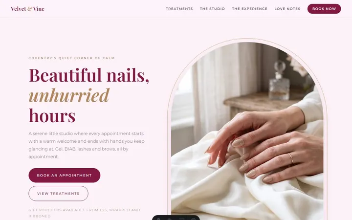 Velvet & Vine Beauty Studio, a sample nail salon website