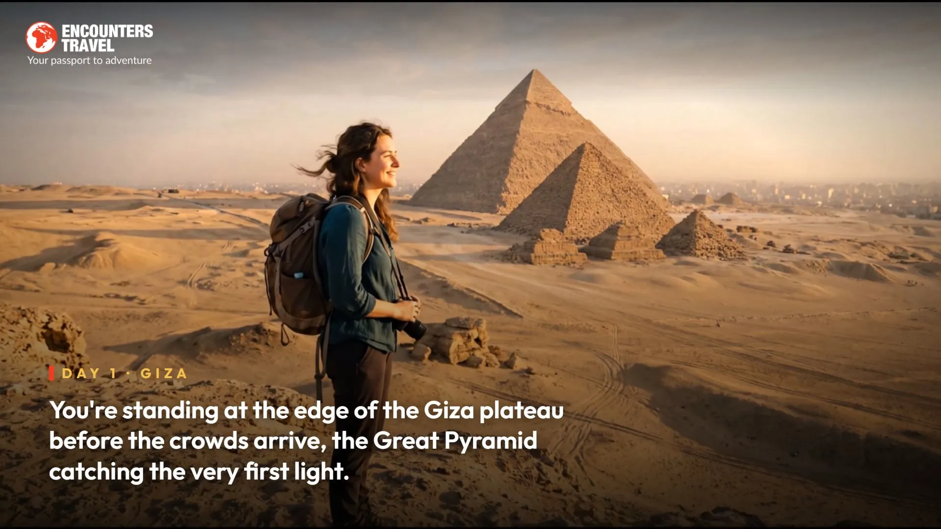 Frame from an AI-generated promotional video made for a client, showing a walker overlooking the Great Pyramid of Giza at sunrise