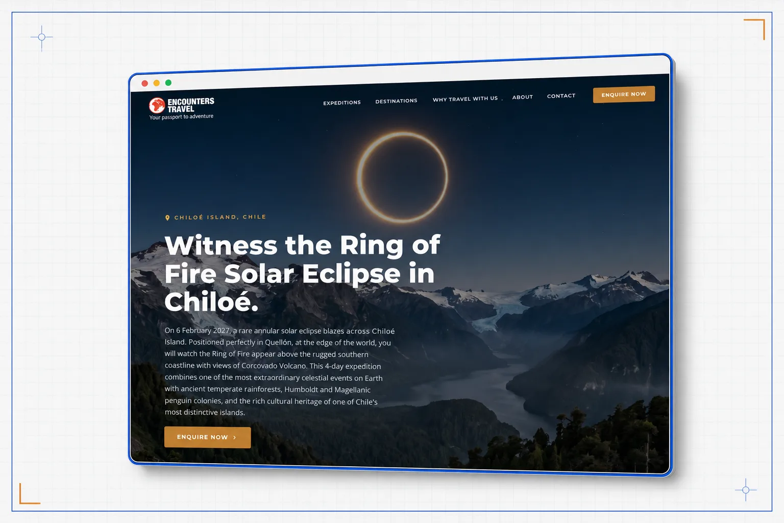 Chile eclipse tour website built for Encounters Travel, shown in a browser mockup